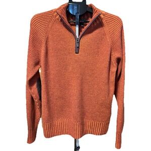 Robert Talbott Mens XL Merino Wool Ribbed Orange Sweater 1/4 Zip Elbow Patches